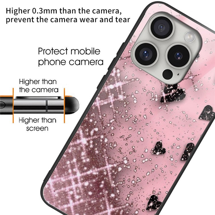 For iPhone 16 Pro Cases Pattern Printed Anti-Drop Tempered Glass+TPU Phone Cover - Love / Pink