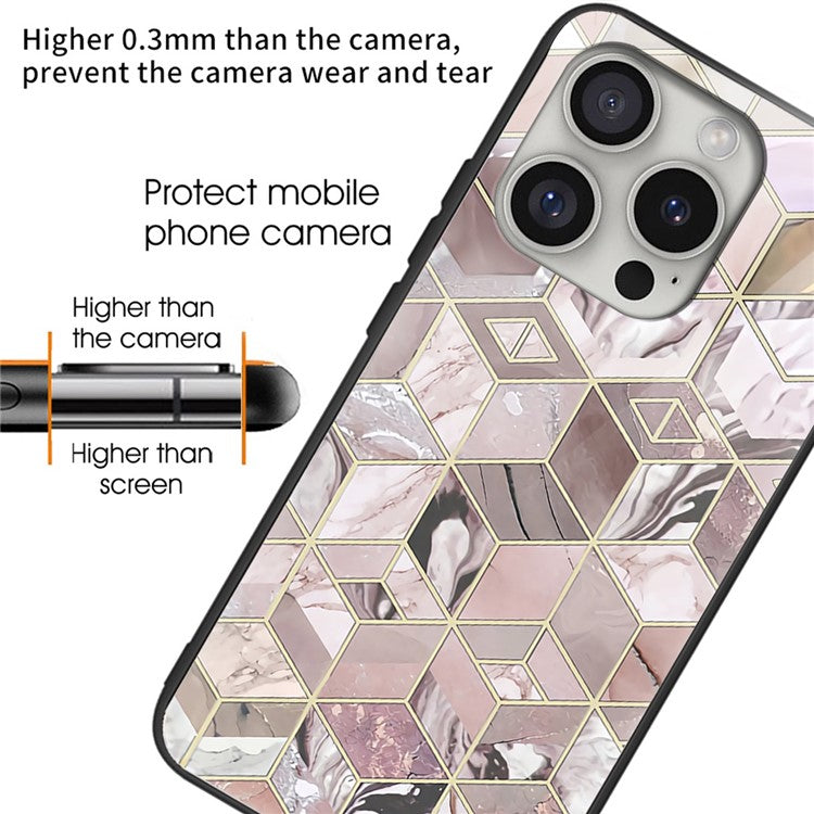 For iPhone 16 Pro Cases Pattern Printed Anti-Drop Tempered Glass+TPU Phone Cover - Block Marble