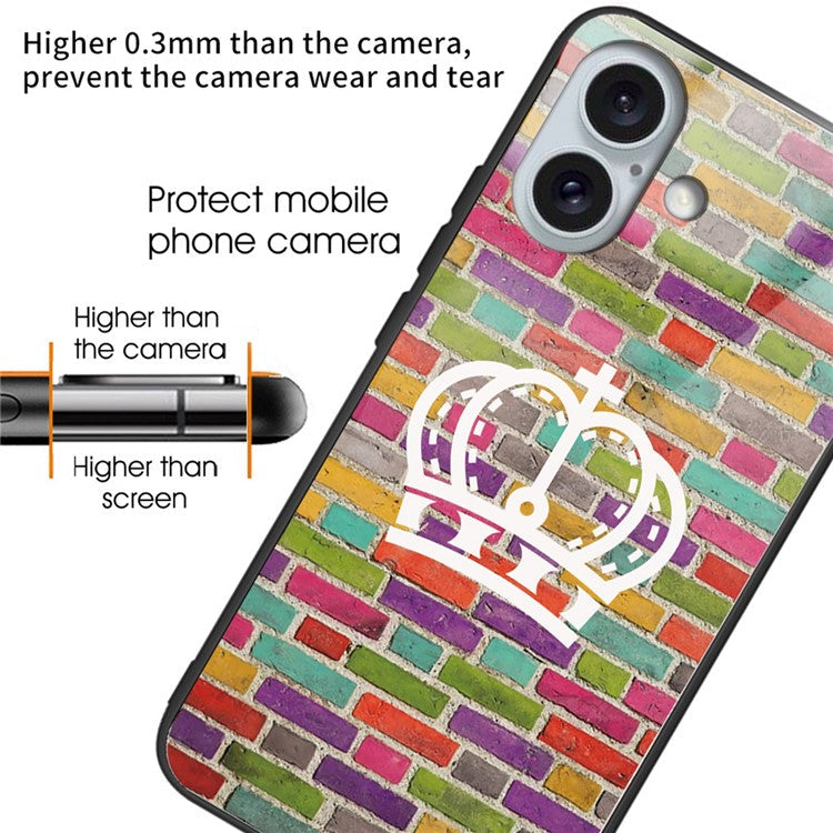 For iPhone 16 Plus Cases Pattern Printed Shockproof TPU Phone Cover Tempered Glass Back - Colorful Wall