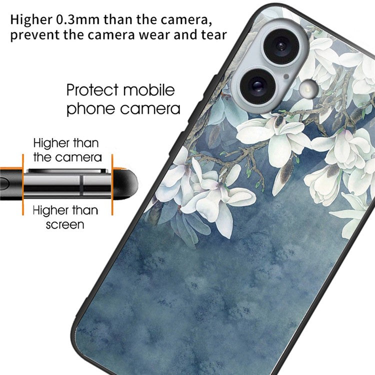 For iPhone 16 Plus Cases Pattern Printed Shockproof TPU Phone Cover Tempered Glass Back - Magnolia