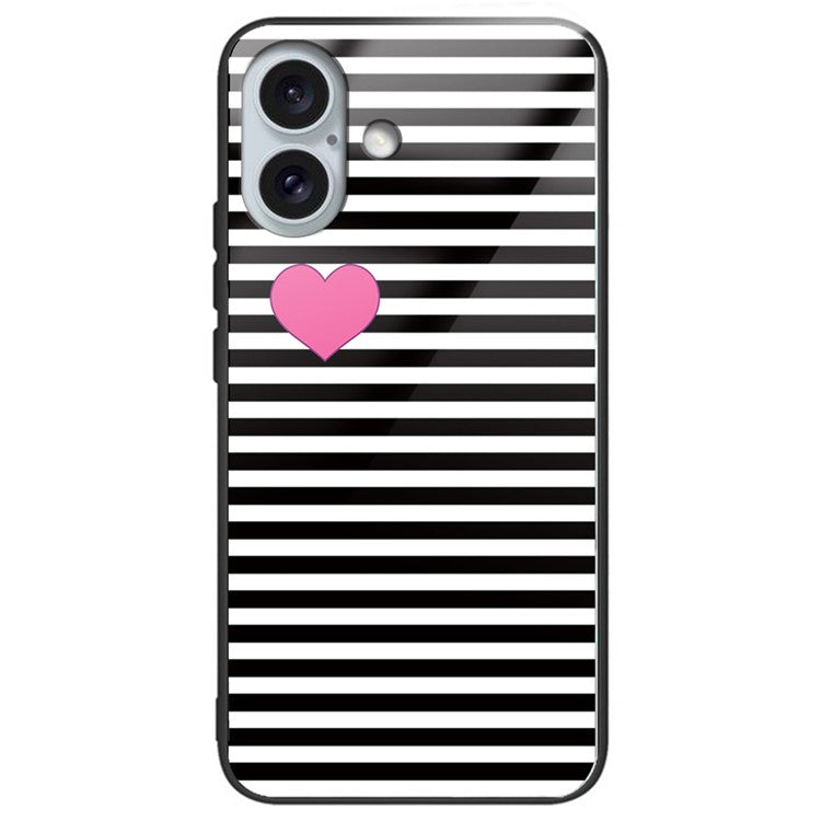 For iPhone 16 Cases Pattern Printed Tempered Glass+TPU Drop-Proof Phone Cover - Stripes / Hearts