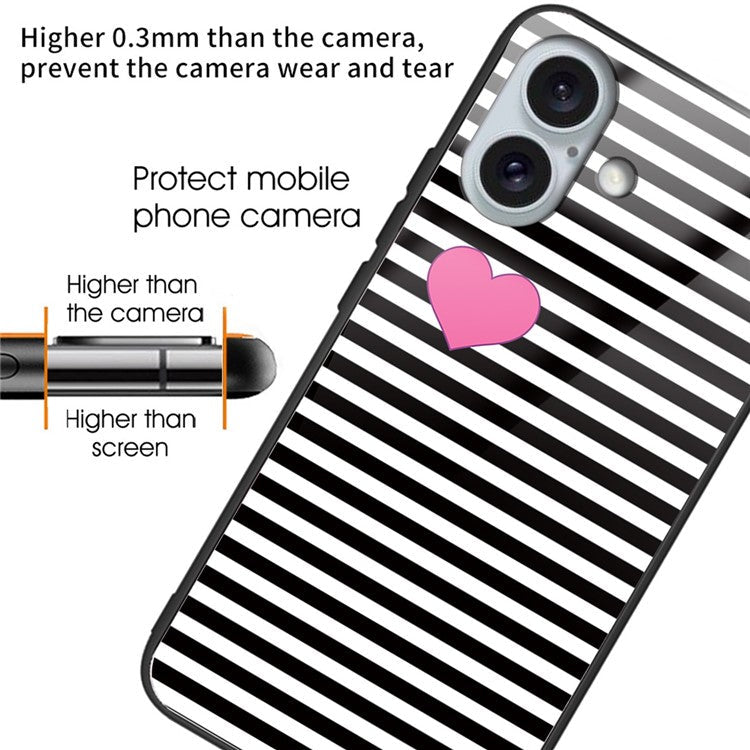 For iPhone 16 Cases Pattern Printed Tempered Glass+TPU Drop-Proof Phone Cover - Stripes / Hearts