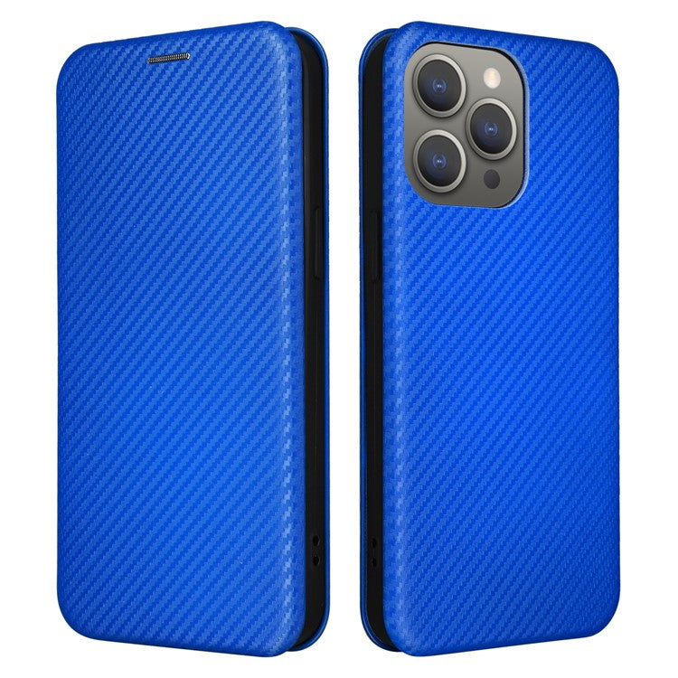 For iPhone 16 Pro Case PU Leather Carbon Fiber Texture Phone Cover Magnetic Closure - Blue