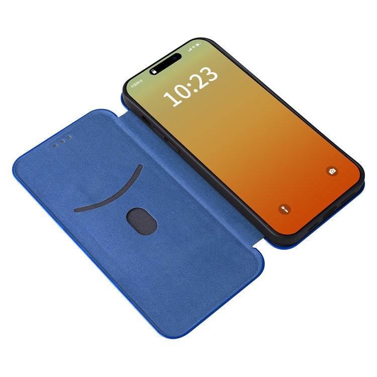For iPhone 16 Pro Case PU Leather Carbon Fiber Texture Phone Cover Magnetic Closure - Blue