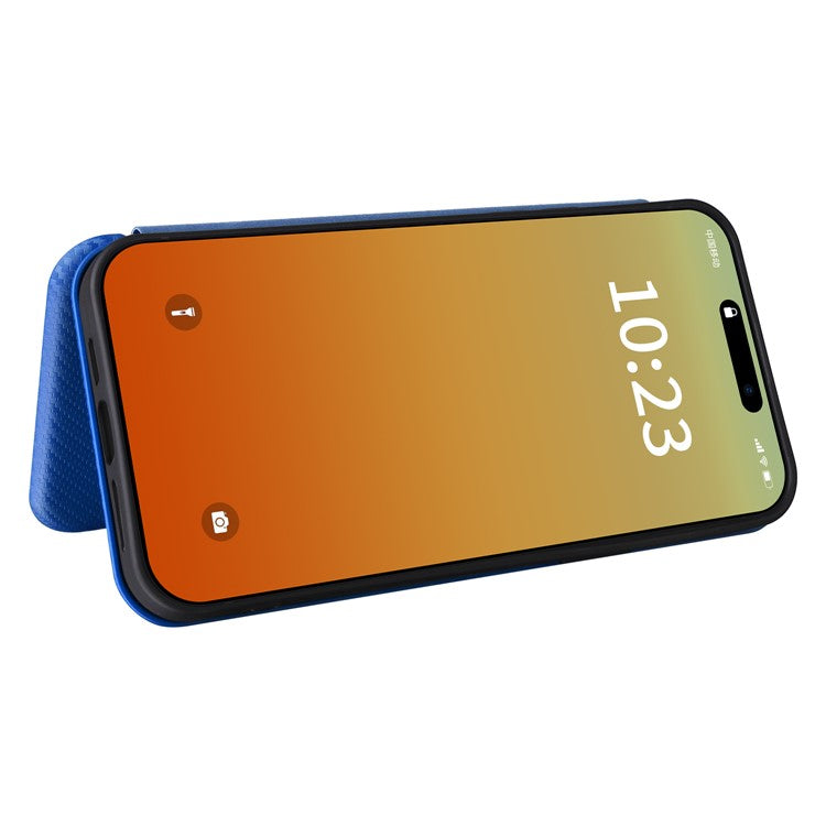 For iPhone 16 Pro Case PU Leather Carbon Fiber Texture Phone Cover Magnetic Closure - Blue