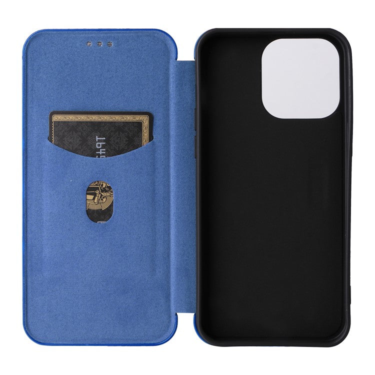 For iPhone 16 Pro Case PU Leather Carbon Fiber Texture Phone Cover Magnetic Closure - Blue