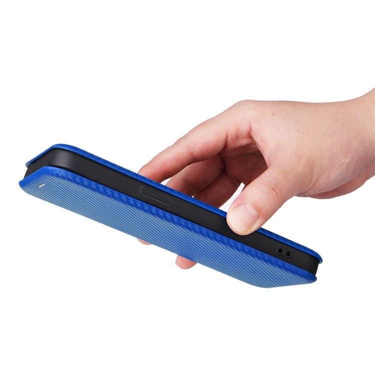 For iPhone 16 Pro Case PU Leather Carbon Fiber Texture Phone Cover Magnetic Closure - Blue
