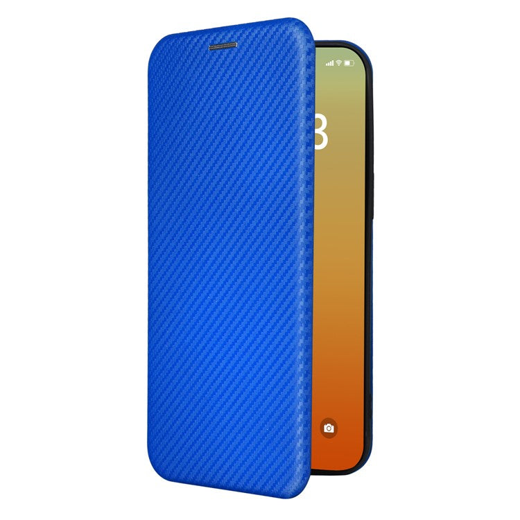 For iPhone 16 Pro Case PU Leather Carbon Fiber Texture Phone Cover Magnetic Closure - Blue