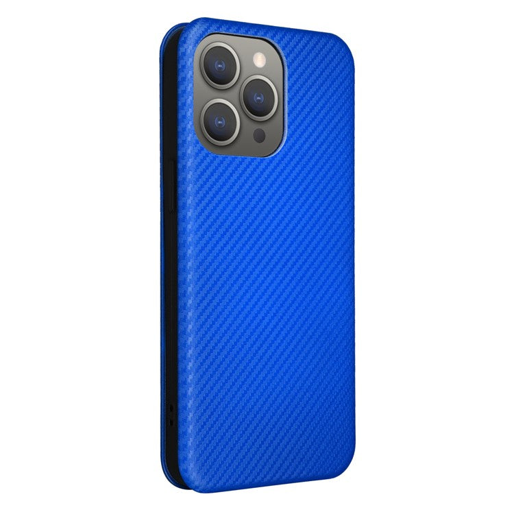 For iPhone 16 Pro Case PU Leather Carbon Fiber Texture Phone Cover Magnetic Closure - Blue