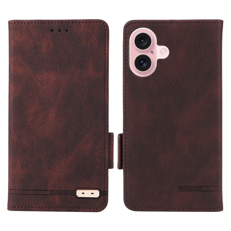For iPhone 16 Case Hardware Decor Leather Phone Cover Card Holder Slots - Coffee