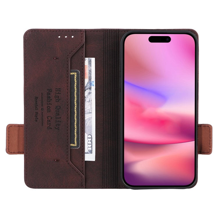For iPhone 16 Case Hardware Decor Leather Phone Cover Card Holder Slots - Coffee