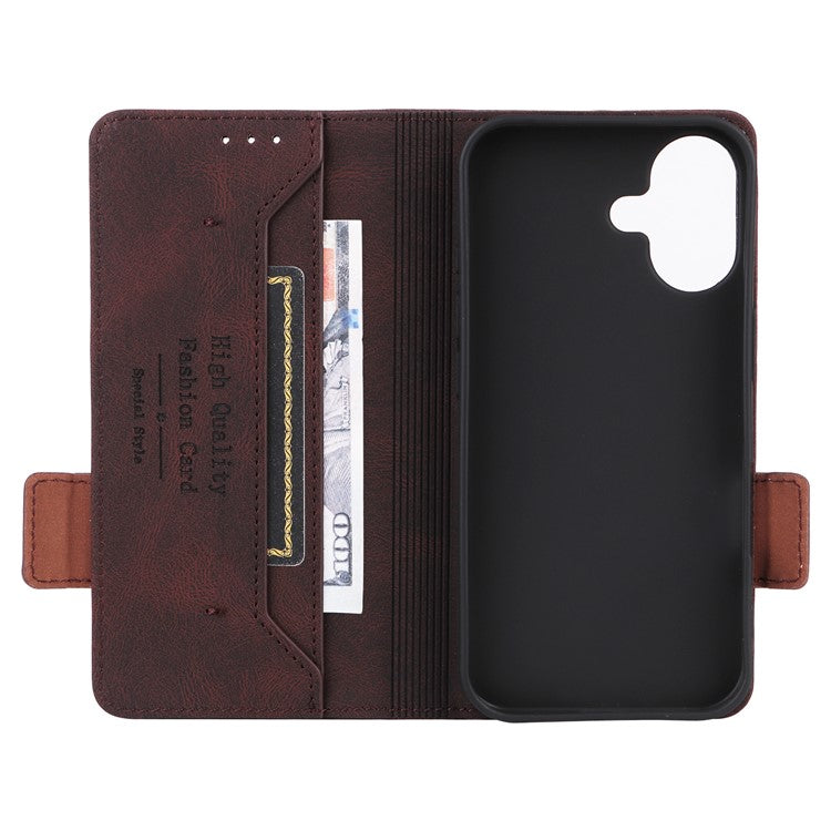 For iPhone 16 Case Hardware Decor Leather Phone Cover Card Holder Slots - Coffee