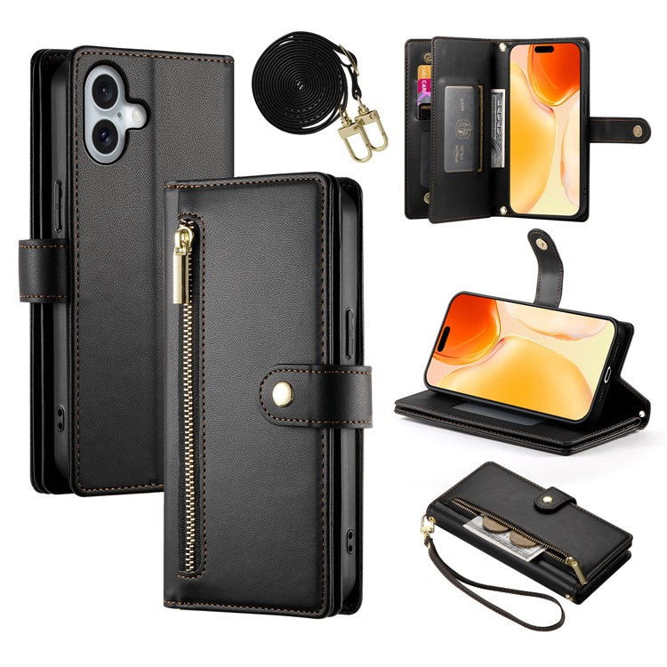 DF-011 For iPhone 16 Plus Case Zipper Pocket Leather Wallet Phone Cover with Straps - Black