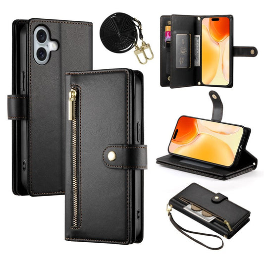DF-011 For iPhone 16 Plus Case Zipper Pocket Leather Wallet Phone Cover with Straps - Black