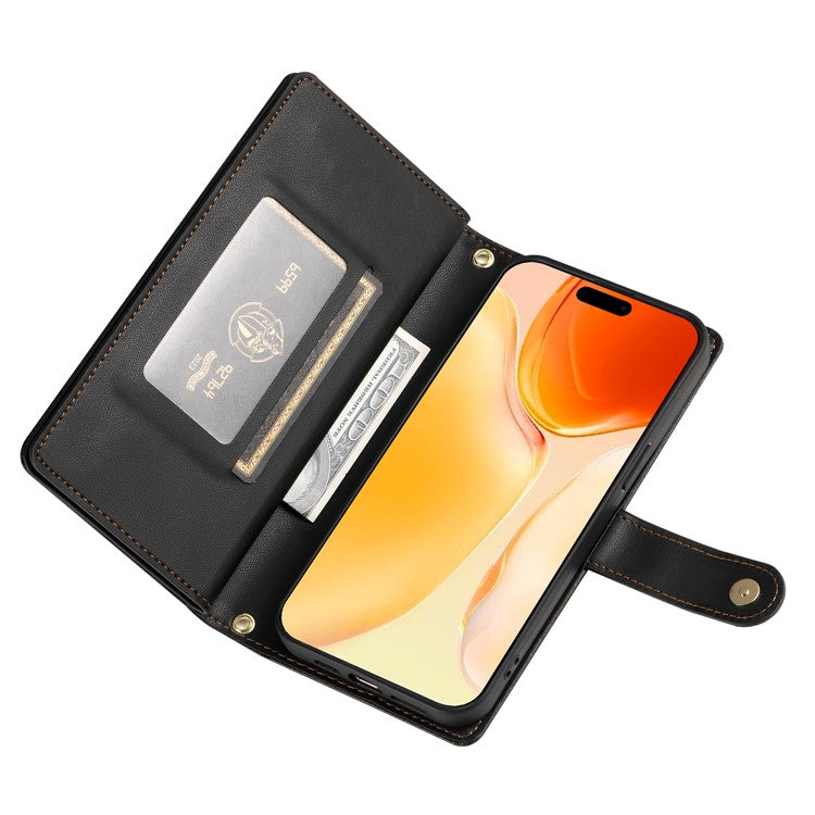 DF-011 For iPhone 16 Plus Case Zipper Pocket Leather Wallet Phone Cover with Straps - Black