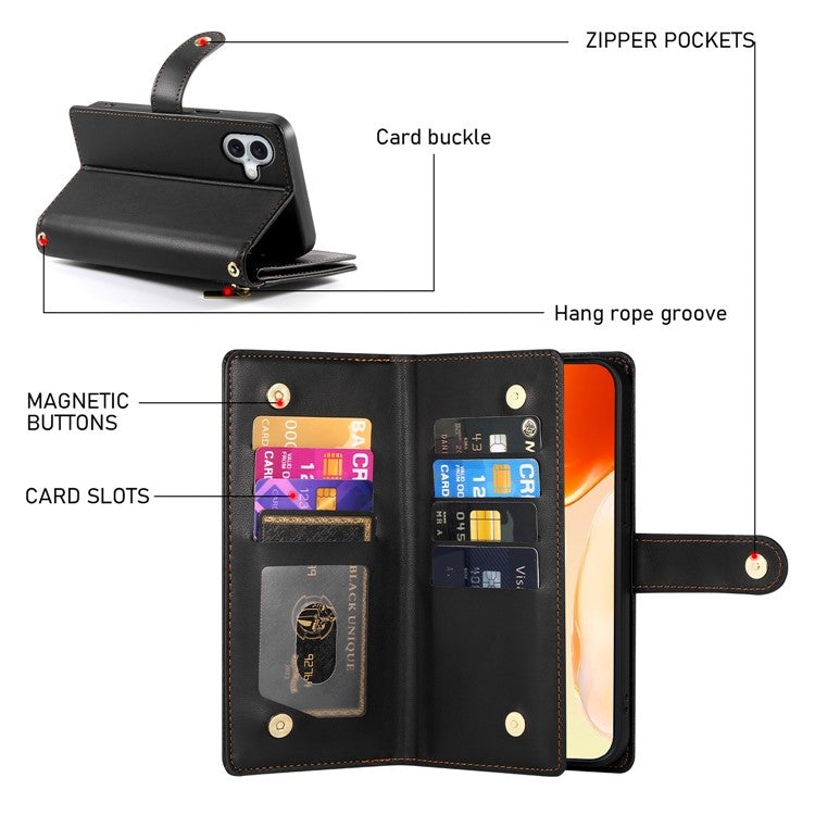 DF-011 For iPhone 16 Plus Case Zipper Pocket Leather Wallet Phone Cover with Straps - Black