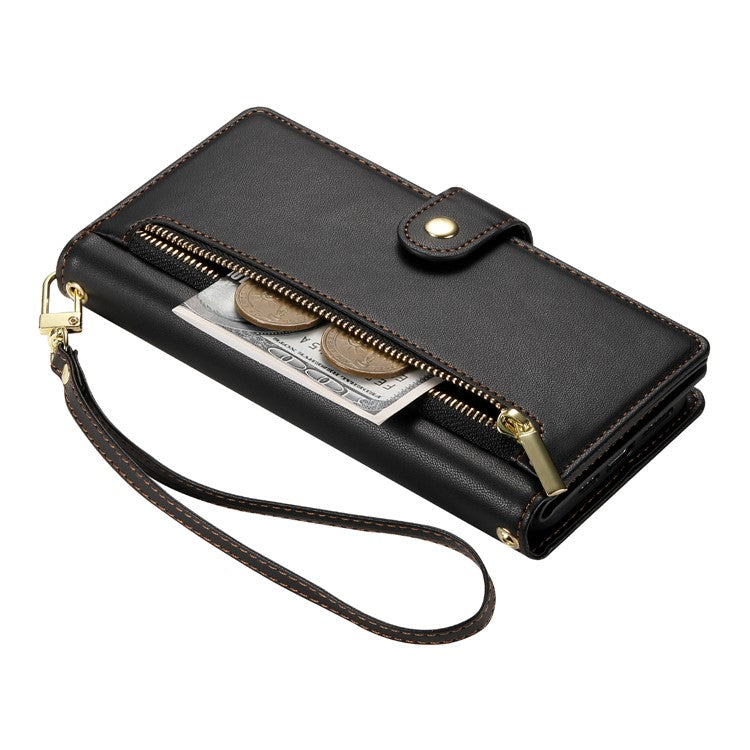 DF-011 For iPhone 16 Case Anti-Drop Leather Wallet Phone Cover with Long / Short Straps - Black