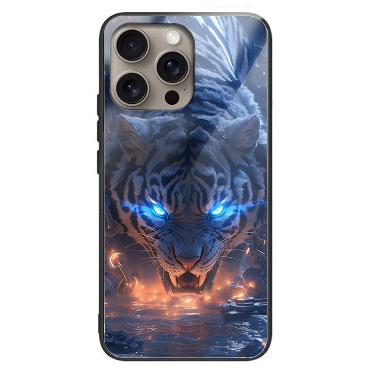 For iPhone 16 Pro Protective Case Pattern Printed Tempered Glass Back TPU Phone Cover - Tiger