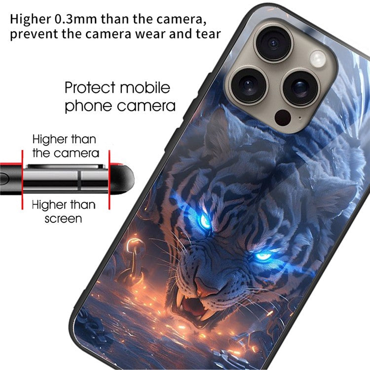 For iPhone 16 Pro Protective Case Pattern Printed Tempered Glass Back TPU Phone Cover - Tiger