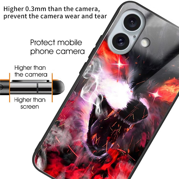 For iPhone 16 Plus Case Tempered Glass Back TPU Phone Shell Pattern Printed - Fierce Wolf