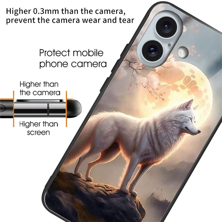 For iPhone 16 Plus Case Tempered Glass Back TPU Phone Shell Pattern Printed - Moonlight Wolf