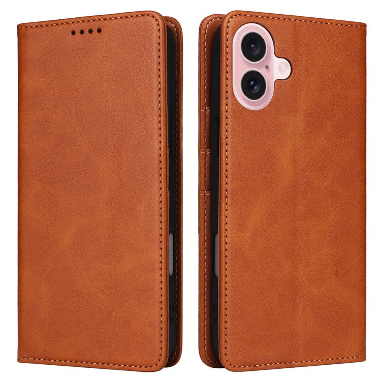 For iPhone 16 Case RFID Blocking Leather Phone Cover Magnetic Closing - Brown