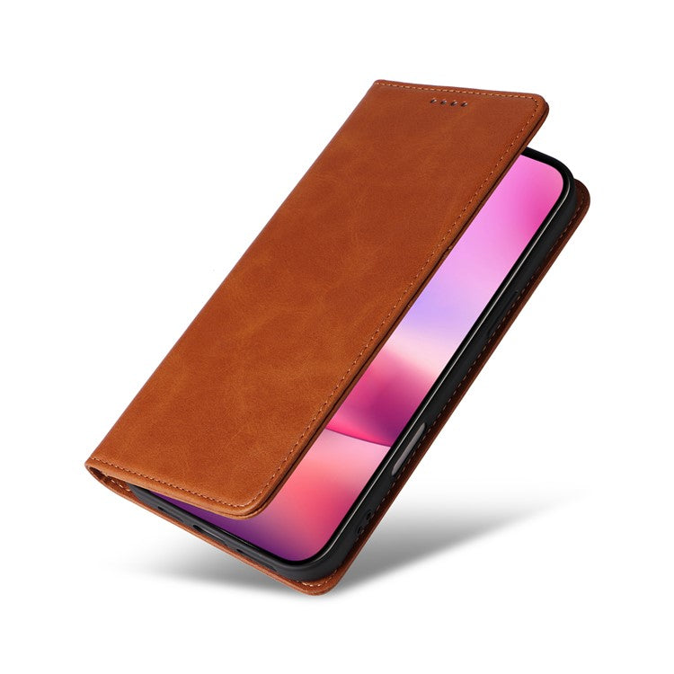 For iPhone 16 Case RFID Blocking Leather Phone Cover Magnetic Closing - Brown