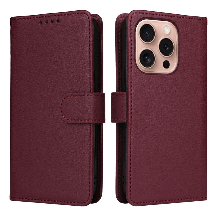 BETOPNICE 005 For iPhone 16 Pro Case Wallet Leather Cover Detachable 2-in-1 - Wine Red