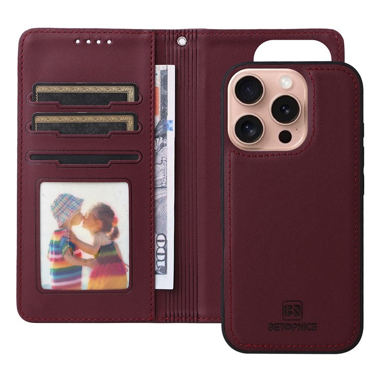 BETOPNICE 005 For iPhone 16 Pro Case Wallet Leather Cover Detachable 2-in-1 - Wine Red