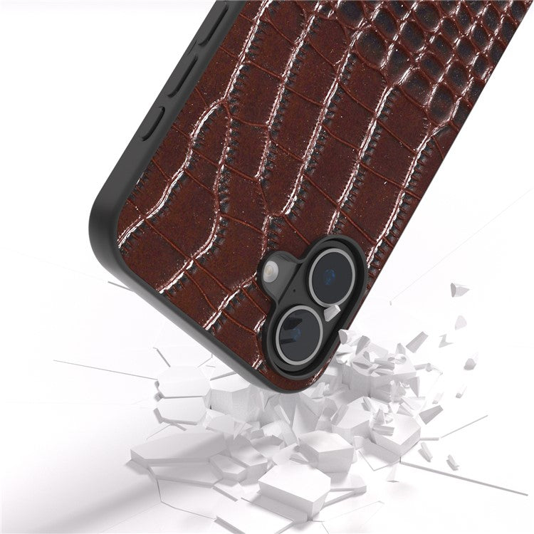 ABEEL For iPhone 16 Plus Case Genuine Cow Leather Back Phone Cover Crocodile Texture - Coffee