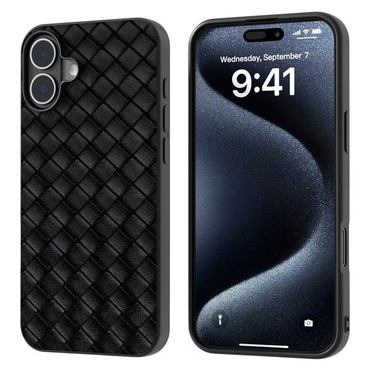 For iPhone 16 Case Woven Texture PU Leather Coated PC+TPU Mobile Phone Cover - Black