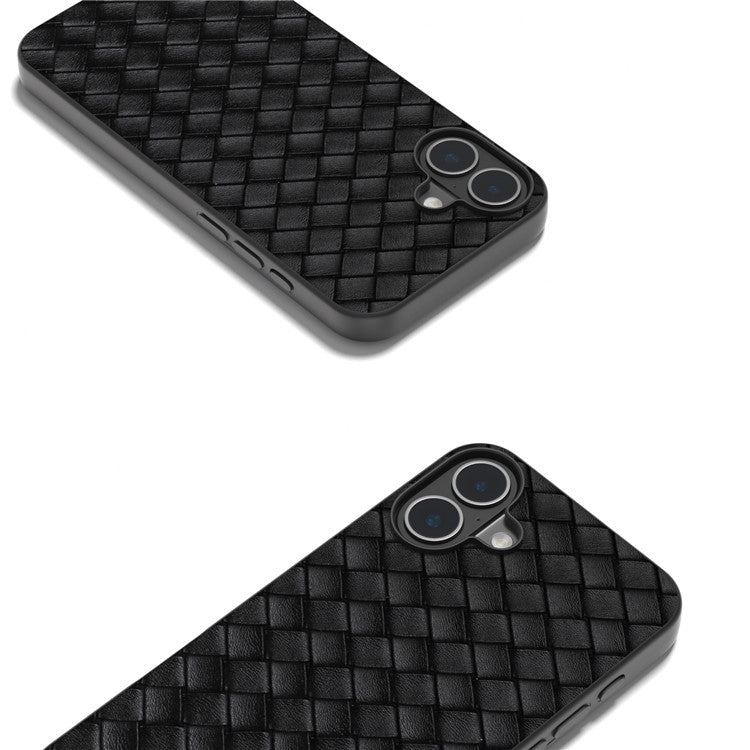 For iPhone 16 Case Woven Texture PU Leather Coated PC+TPU Mobile Phone Cover - Black