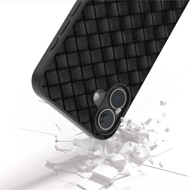 For iPhone 16 Case Woven Texture PU Leather Coated PC+TPU Mobile Phone Cover - Black