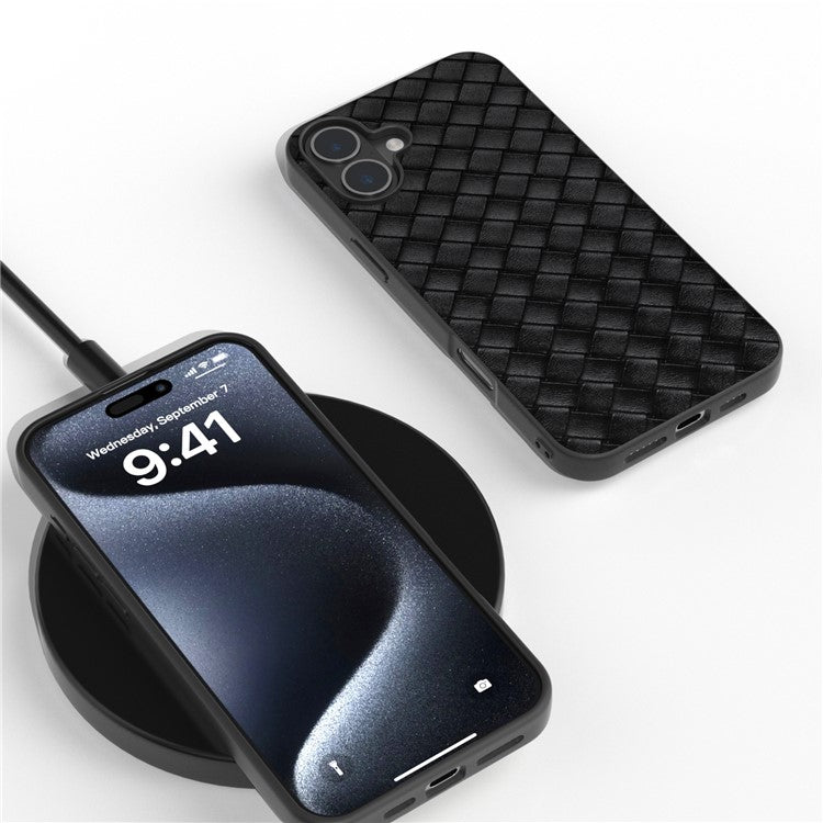 For iPhone 16 Case Woven Texture PU Leather Coated PC+TPU Mobile Phone Cover - Black