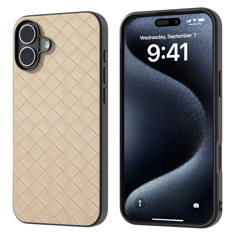 For iPhone 16 Case Woven Texture PU Leather Coated PC+TPU Mobile Phone Cover - Beige