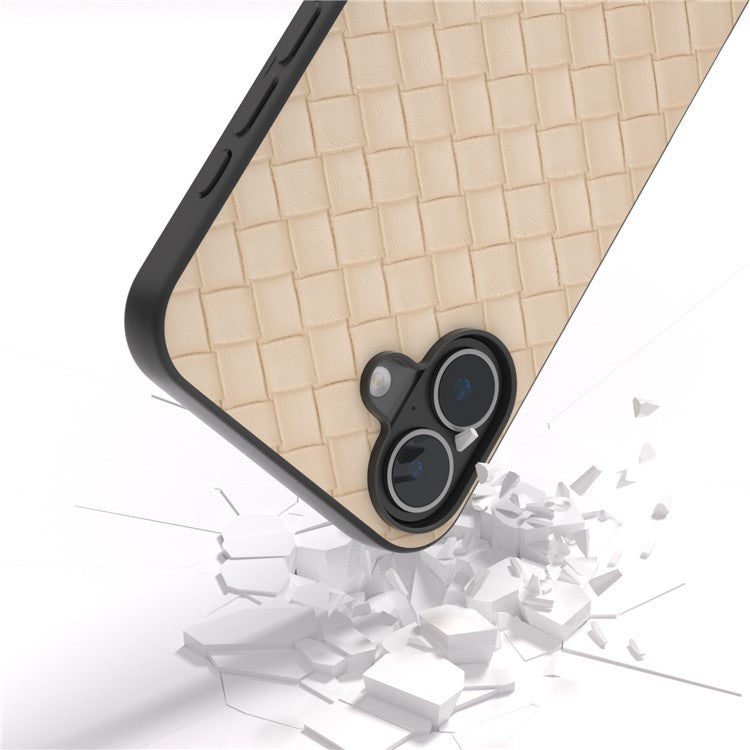 For iPhone 16 Case Woven Texture PU Leather Coated PC+TPU Mobile Phone Cover - Beige