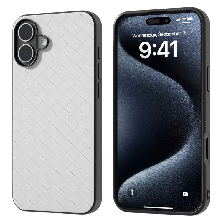 For iPhone 16 Plus Case Woven Texture Leather+PC+TPU Hybrid Phone Cover - White