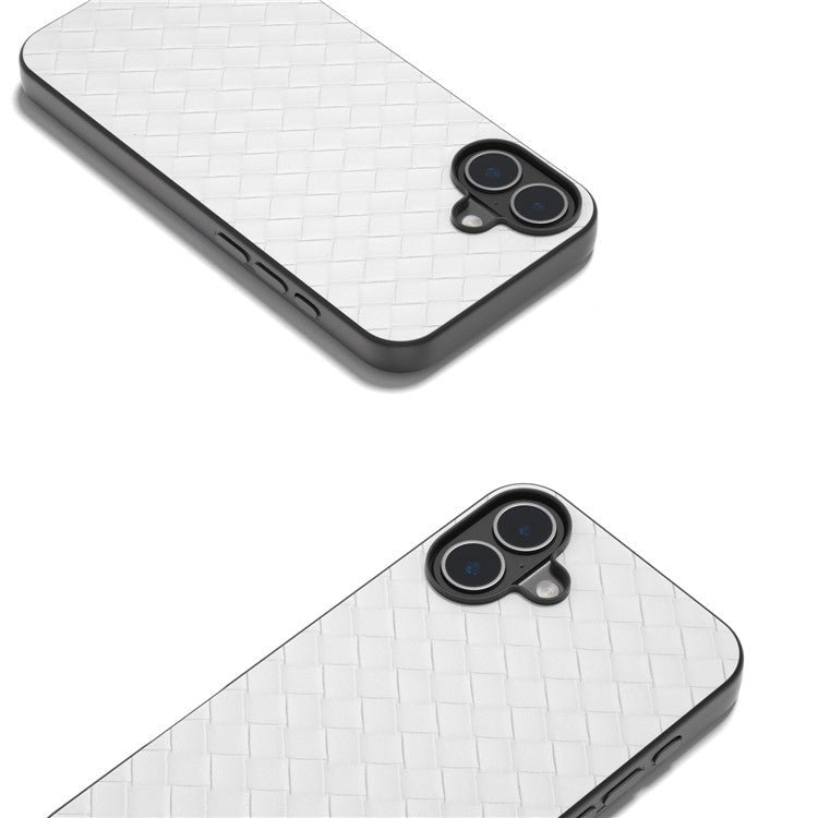 For iPhone 16 Plus Case Woven Texture Leather+PC+TPU Hybrid Phone Cover - White
