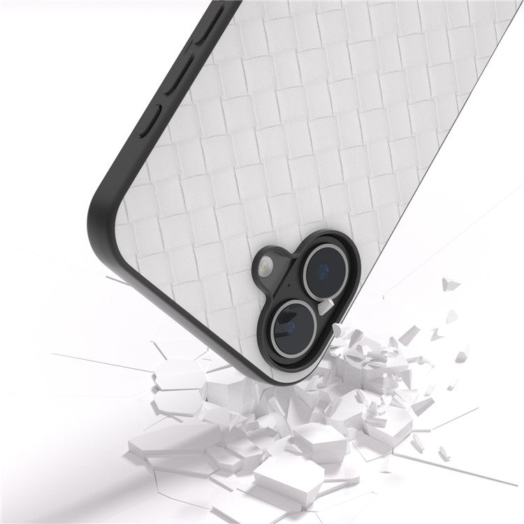 For iPhone 16 Plus Case Woven Texture Leather+PC+TPU Hybrid Phone Cover - White