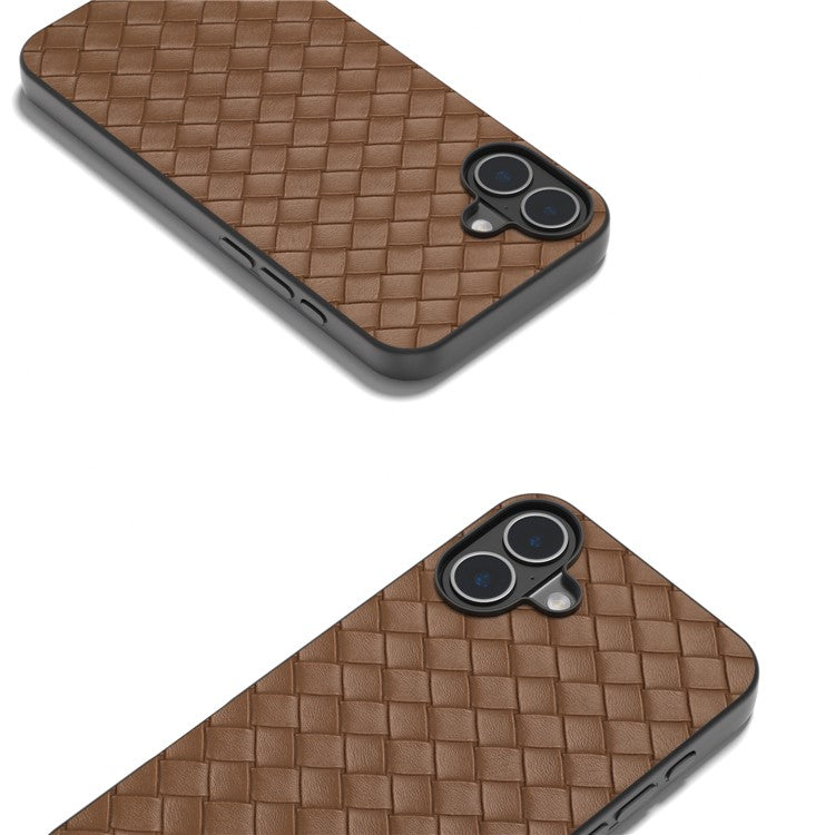 For iPhone 16 Plus Case Woven Texture Leather+PC+TPU Hybrid Phone Cover - Brown