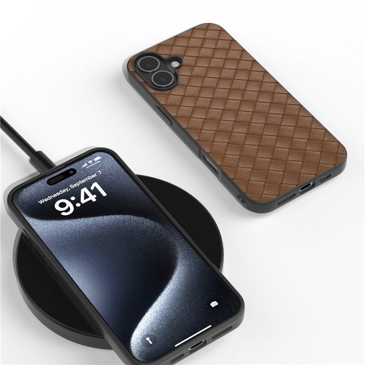 For iPhone 16 Plus Case Woven Texture Leather+PC+TPU Hybrid Phone Cover - Brown