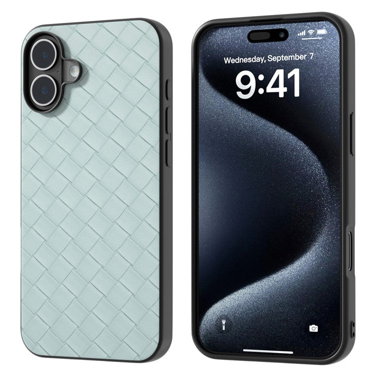 For iPhone 16 Plus Case Woven Texture Leather+PC+TPU Hybrid Phone Cover - Light Green