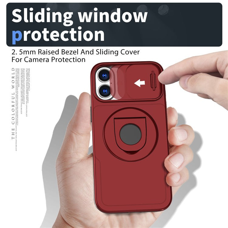 For iPhone 16 Magnetic Case Slide Camshield TPU+PC Kickstand Phone Cover - Red