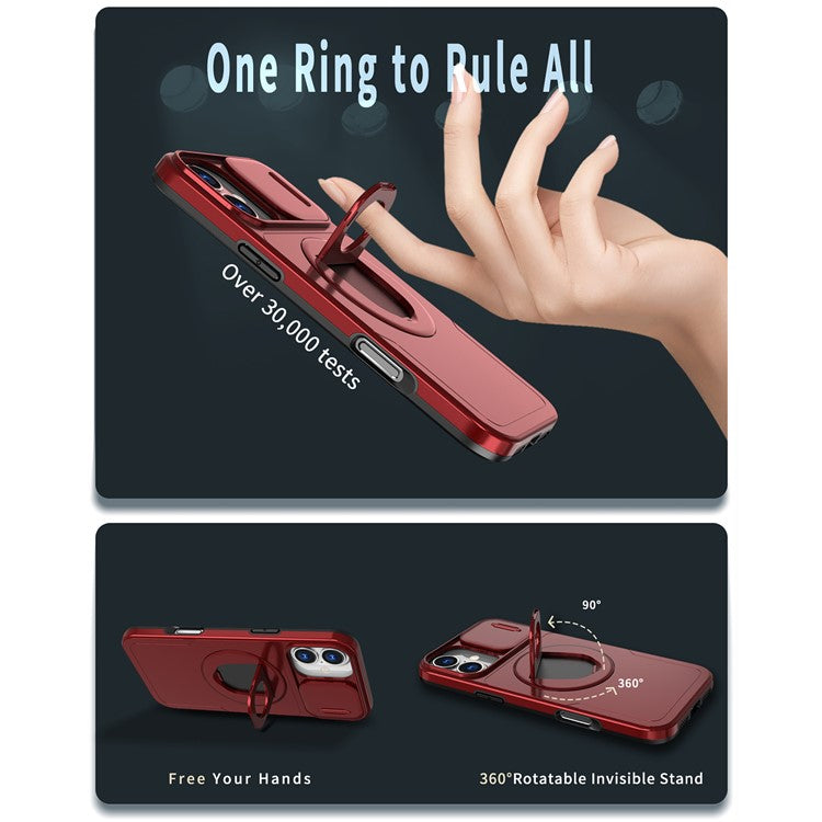 For iPhone 16 Magnetic Case Slide Camshield TPU+PC Kickstand Phone Cover - Red