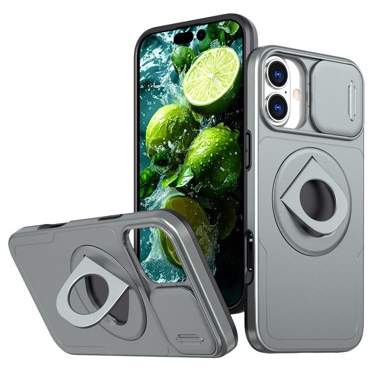 For iPhone 16 Magnetic Case Slide Camshield TPU+PC Kickstand Phone Cover - Titanium Grey