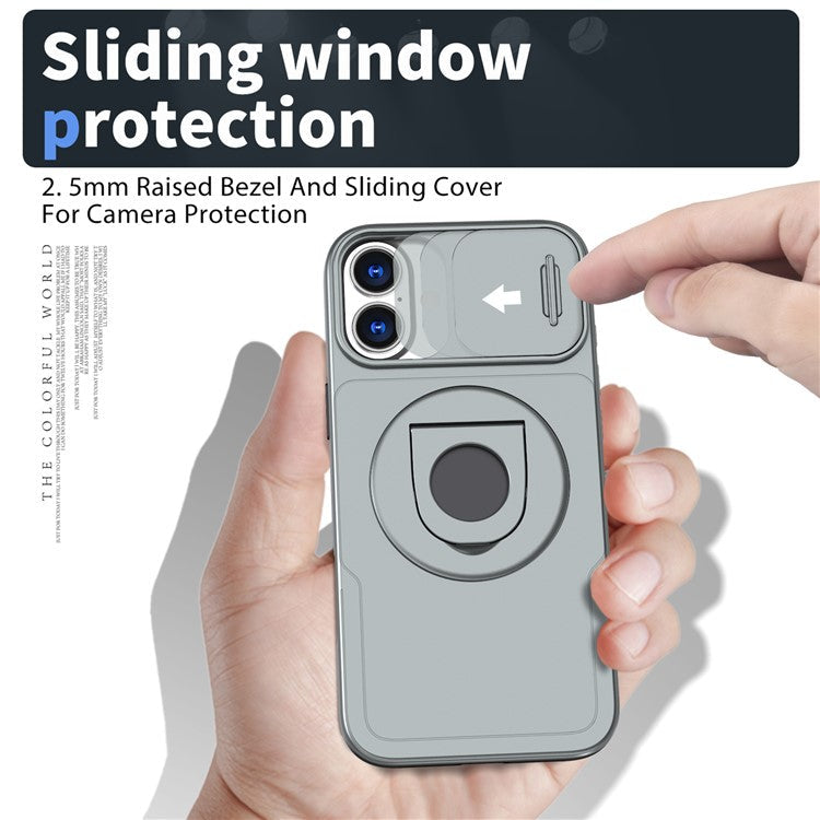 For iPhone 16 Magnetic Case Slide Camshield TPU+PC Kickstand Phone Cover - Titanium Grey