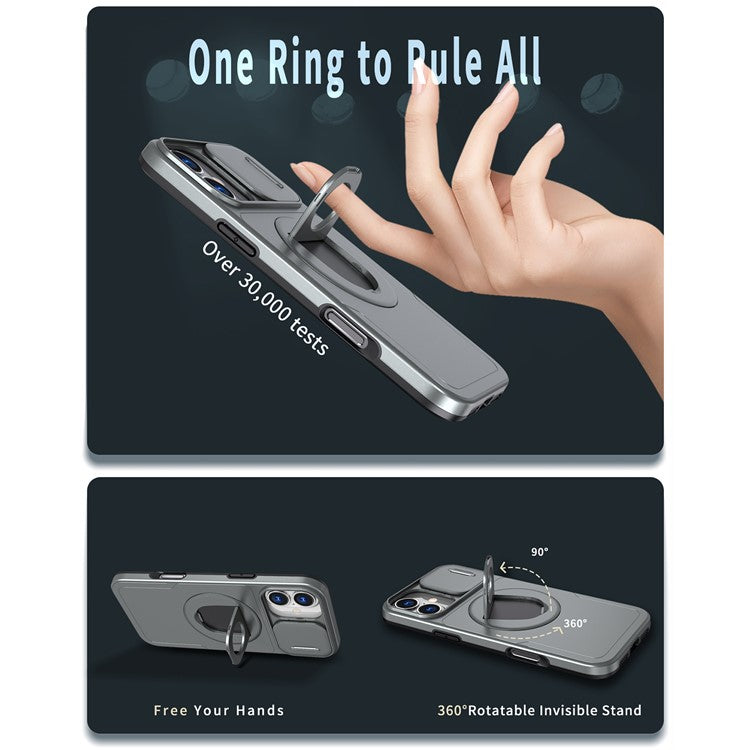 For iPhone 16 Magnetic Case Slide Camshield TPU+PC Kickstand Phone Cover - Titanium Grey