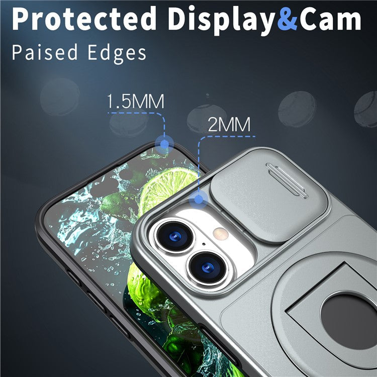 For iPhone 16 Magnetic Case Slide Camshield TPU+PC Kickstand Phone Cover - Titanium Grey