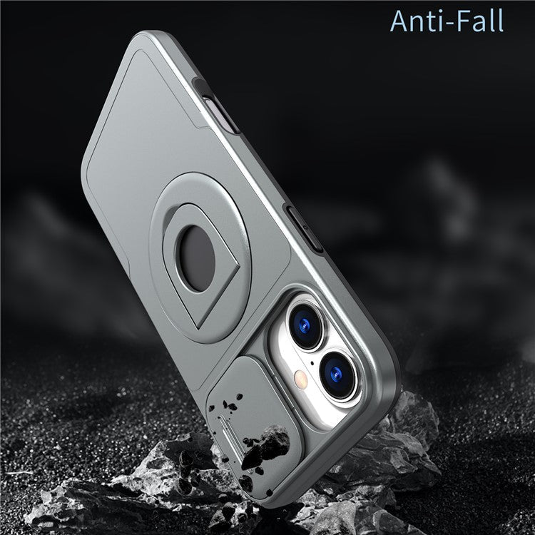 For iPhone 16 Magnetic Case Slide Camshield TPU+PC Kickstand Phone Cover - Titanium Grey