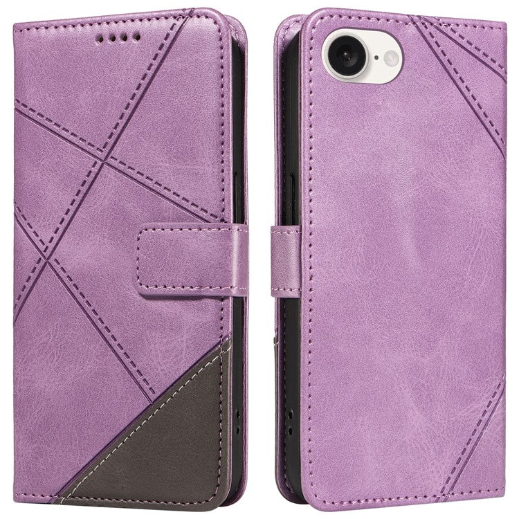 For iPhone 16e Case Leather Card Holder Phone Cover Geometric Line - Purple